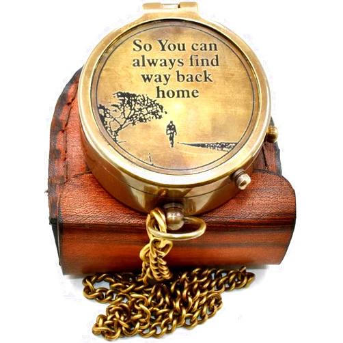 Dehradun gift Mart So You Can Always Find Your Way Back Home” Vintage Style Brass Engraved Compass with Leather Case and Chain | Inspirational Nautical Pocket Compass for Hiking Camping