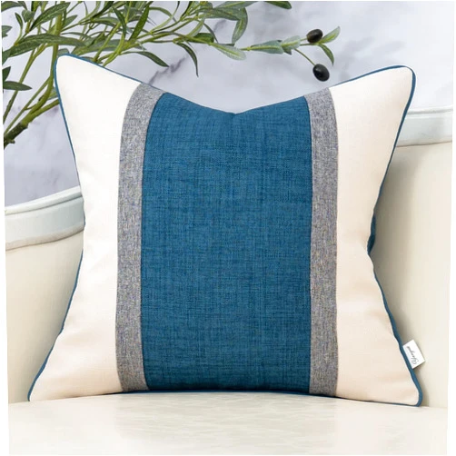 Yangest Patchwork Pillow Cover 24x24 Inch Luxury Cotton and Linen Cushion Cover Square Pillowcover for Couch Bedroom Living Room, Blue