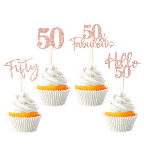 Hengmerry 48Pcs 50th Birthday Cupcake Toppers Glitter Hello 50 Cupcake Topper 50 Fabulous Fifty Cupcake Picks for Happy 50th Birthday Wedding Anniversary Party Cake Decorations Supplies, Rose Gold