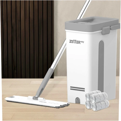 Zetterway Large Mop and Bucket with Wringer Set, Flat Mop and Bucket System, Mops for Floor and Wall Cleaner, Dual Chamber Mop Bucket, Home Floor Cleaning System, 4 Reusable Microfiber Mop Pads