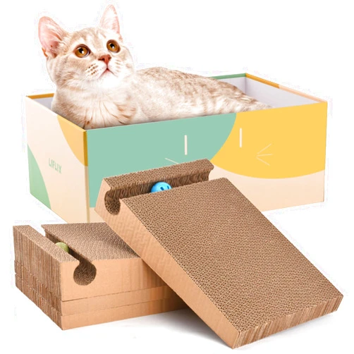 LIFLIX Cardboard Cat Scratcher Box with Interactive Toy Balls, 2PCS Ramp & 2PCS Flat Cat Scratching Boards, Cat Cardboard Scratcher for Indoor Cats to Rest and Play, 15