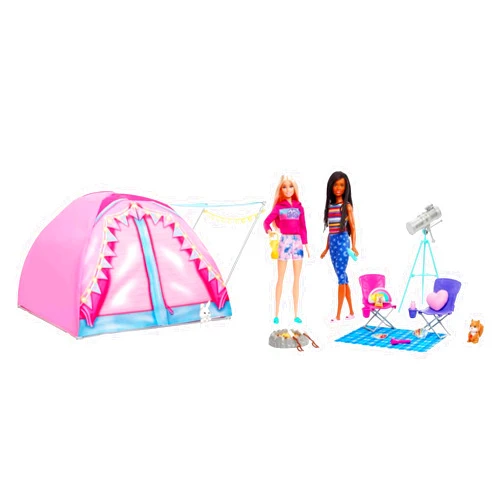 Barbie Dolls & 20 Accessories, It Takes Two Camping Tent Playset with Brooklyn & Malibu, Plus 2 Moving Animals