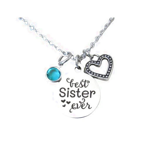 Handmade Best Sister Ever Necklace with Heart Charm & Birthstone, Sister Birthday Jewelry Gift
