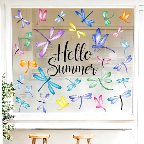 JOICEE 6 Sheets Spring Summer Window Clings, Hello Summer Watercolor Dragonfly Window Stickers Removable Anti-Collision Window Decals for Classroom School Home Office Glass Decoration