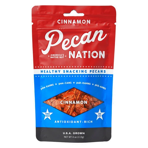 Pecan Nation Cinnamon Flavored Roasted Pecan Halves 4 oz., Natural, No preservatives, Antioxidant-Rich, Non-GMO, Healthy Nut Power Snack for Adults and Kids