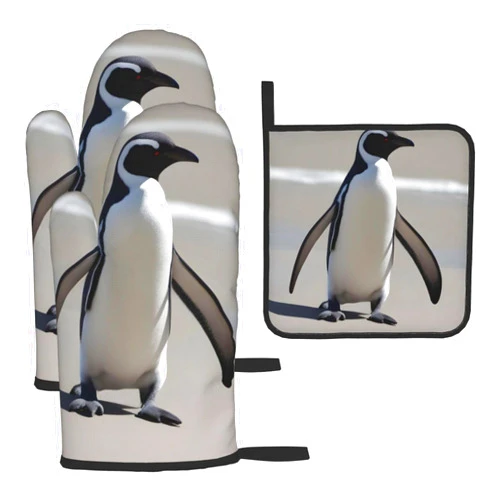 YYHHAOFA Kitchen Baking Set of 3 - Durable Waterproof Oven Mitts and Pot Holder Set for Anti-Scalding and Heat Insulation Grey Penguin Printing
