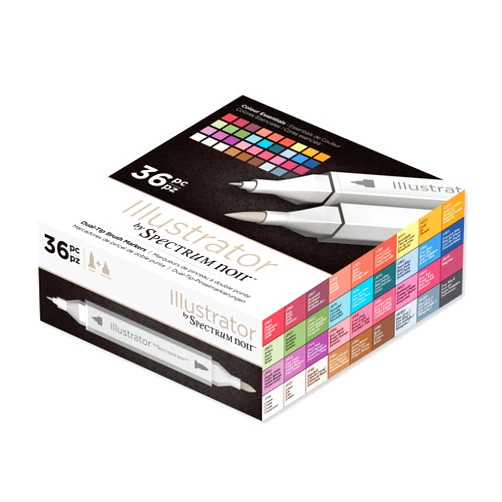 Crafter's Companion Spectrum Noir Illustration Twin Tip Blendable Alcohol Based Marker Set with Japanese Nibs - Pack of 36 - Perfect for Colouring, Drawing & Illustration (Colour Essentials Pack)