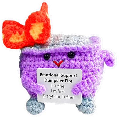 Avgiedy Emotional Support Dumpster Fire- Funny Handmade Crochet Dumpster Fire Doll with Positive Words, Dumpster Fire Table Decor Accessories for Friends Birthday and Family Room Decor(Purple)
