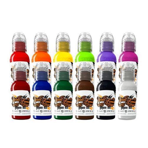 World Famous Tattoo Ink - 12 Primary Color Tattoo Kit #1 - Professional Tattoo Ink in Color Assortment, Includes White Tattoo Ink - Skin-Safe Permanent Tattooing - Vegan & Non-Toxic (1 oz Each)