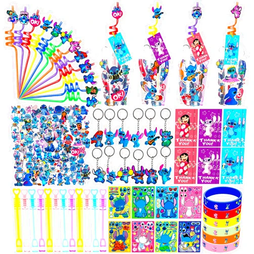 GoGoGoodie 135PCS Stitch Birthday Party Favors - Cartoon Stitch Party Supplies of Kids Reusable Straws Cups Keychain Bracelet Stickers for Stitch Party Decorations Party Games Classroom Rewards