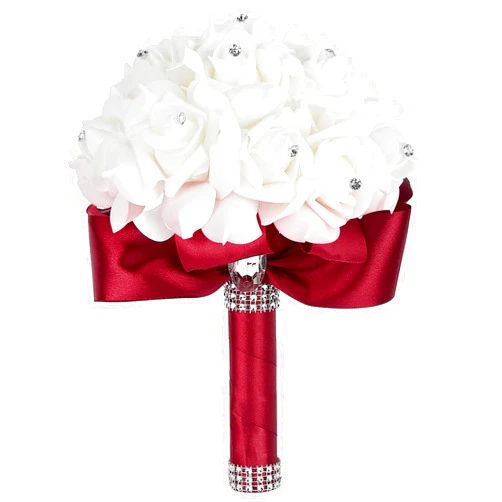 Febou Burgundy Wedding Bouquet for Bride Bridesmaid Toss Bouquet Crystals Silk Rose Bridal Bouquet for Wedding Party (Burgundy White)