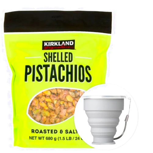 MORALZA Kirkland Signature Shelled Pistachios Roasted & Salted 1.5 LB Item 1076903 Bundle with MORALZA Silicone Collapsible Cup 200 ml - 2 Items