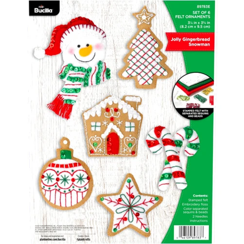Bucilla Felt Applique 6 Piece Ornament Making Kit, Jolly Gingerbread Snowman, Perfect for DIY Arts and Crafts Projects