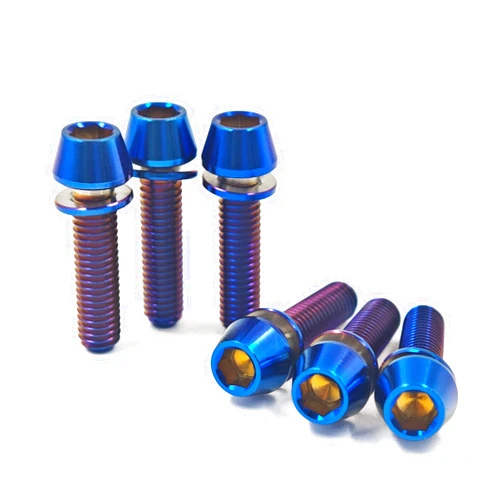 Maxiulan 6 Pcs Titanium Stem Bolt Kit, Allen Hex M5x18mm Tapered Head Screws with Washer for Bicycle Stem Parts (Blue, M5x18mm)