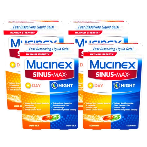 Mucinex Sinus-Max Max Strength Day & Night Liquid Gels (24ct) Relieves Sinus Pressure and Congestion, Headaches, Pain, Runny Nose, Sneezing, Thins and Loosens Mucus, Controls Cough (Pack of 4)