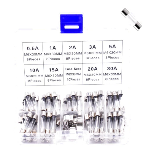 Peixiong 72 Pack Fast-Blow Glass Tube Fuse Assorted Kit, 6x30mm 250V 9 Values Fuses 0.5A, 1A, 2A, 3A, 5A, 10A, 15A, 20A, 30A, 8 Pcs of Each Type + 10 Pieces 6x30mm Fuse Seat with Box