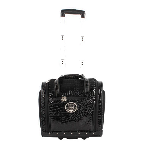 Kathy Van Zeeland Croco PVC Designer Underseat Luggage - 15 Inch Carry On Suitcase for Women- Lightweight Under Seat Bag with 2-Rolling Spinner Wheels (Black)