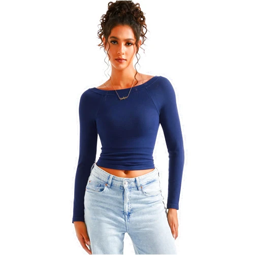 SUUKSESS Women Seamless Ribbed Long Sleeve Tops Boat Neck Modal Going Out Fitted Shirt