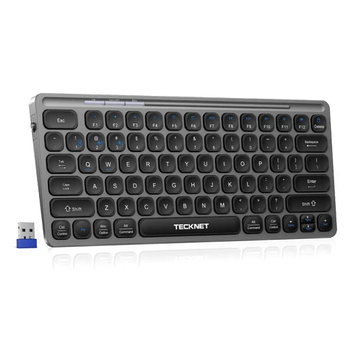 TECKNET Wireless Bluetooth Keyboard, Slim Rechargeable Keyboard (2.4G+BT 5.0), Multi-Device Easy-Switch, Quiet Typing, Silent Mini Portable Cordless USB Computer Keyboards for Windows Laptop PC, Gray