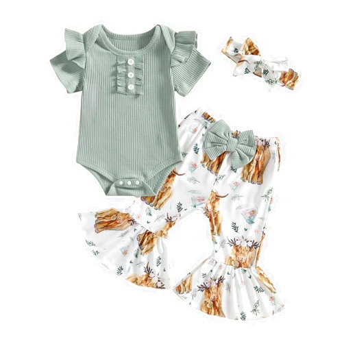 MERSARIPHY Baby Girl Bell Bottom Outfit Cute Infant Newborn Girl Summer Clothes Ribbed Knit Ruffle Romper Tops Flare Pant Set