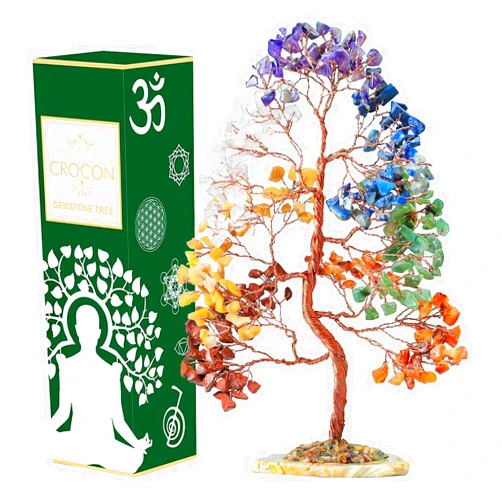 Crocon® 7 Chakra Tree of Life Spiritual Wisdom, Agate Slice Base, Handmade Crystal Tree for Positive Energy, Creativity, Seven Chakra Healing Stone, Attract Good Luck & Charm, Feng Shui Decor, Gifts