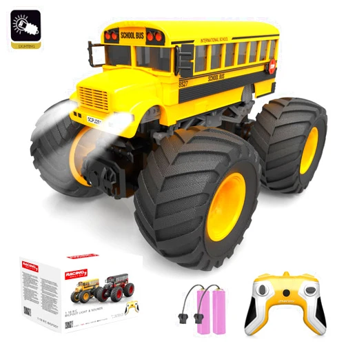ENFAO School Bus Monster Truck, 1:18 Scale Remote Control Car 2.4GHz Offroad Hobby RC Racing Car with LED, High Speed All Terrain Electric Toy Vehicle Stunt Crawler, Gifts for Boys Kids Girls (Yellow)