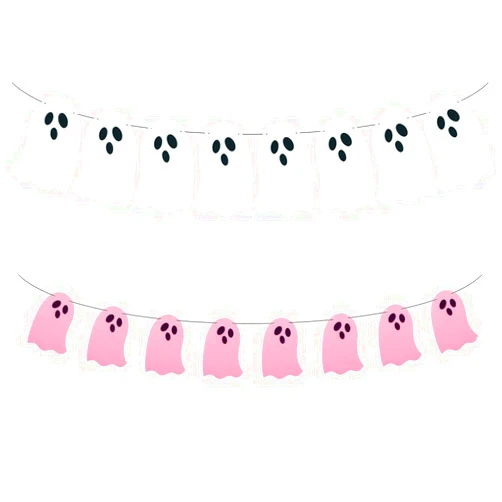 SaktopDeco 2 Pack White Pink Ghost Garland Felt Ghost Banner for Haunted House Fireplace Indoor Outdoor Halloween Party Decorations Supplies
