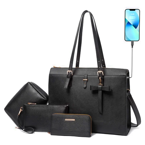 Keyli 4pc Sets Laptop Bag for Women Large Leather Laptop Briefcase with USB Charging Port Computer Shoulder tote Bags Purse