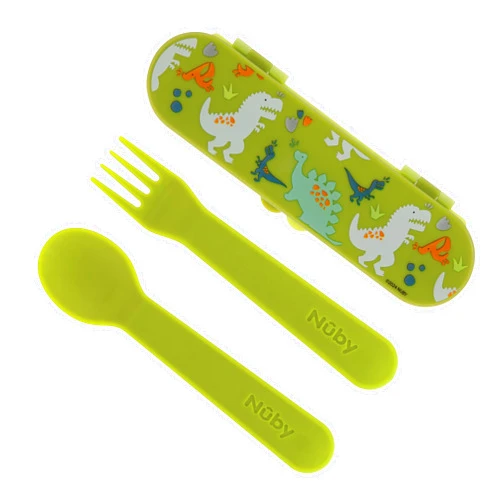 Nuby Toddler Utensils with Travel Case – Self-Feeding Fork & Spoon Set for Kids, Easy-to-Hold Training Utensils with Rounded Safe Edges, Bright Colors & Fun Patterns for Independent Mealtime, Dinosaur