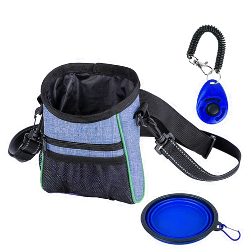 GRLEAYIE Dog Treat Pouch with Training Clicker & Collapsible Bowl,Hands-Free Walking Bag,Dog Treat Bag with Built-in Poop Bag Dispenser, Adjustable Waist Belt,Quick-Access to Treats, Kibble & Snacks,Blue