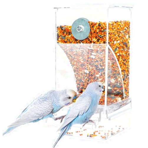 FONTSATTY Bird Parrot Feeders, No Mess Automatic Cage Feeder Dispenser Food Container, Auto Bird Seed Bowl for Small Medium Birds, Cockatiel Canary Cockatoos Parakeet Conure Lovebird, Acrylic Clear (Feeder)