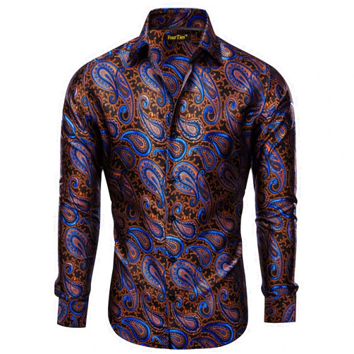 YourTies Mens Paisley Dress Shirts Regular Fit Casual Button Down Shirt Long Sleeve Silk Western Floral Shirt Wedding Party