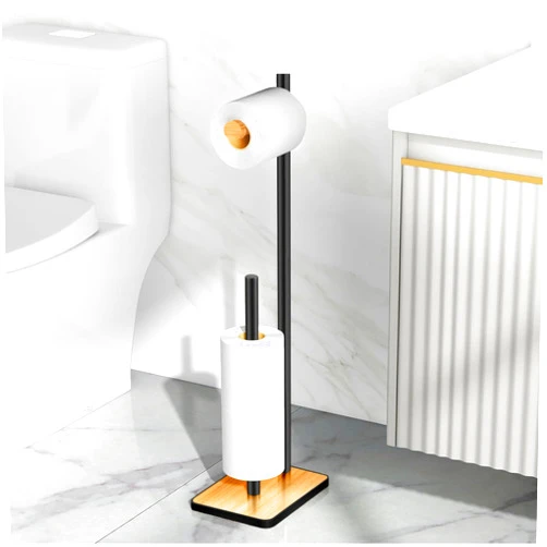Bamodi Premium Matte Black Toilet Paper Holder Set - Bathroom Toilet Paper Storage Stand - Waterproof Free Standing Toilet Paper Holder - Stainless Steel Stand Alone - No Drilling Required
