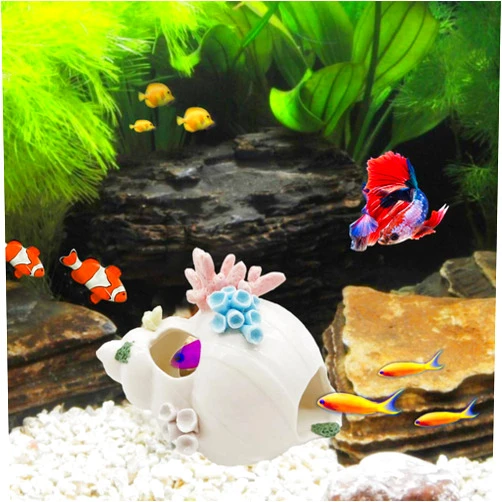 Starryfill Aquarium Decorations White Ceramic Conch Thematic Ornament with Three Holes for Betta Fish Passing or Hiding Safely,Betta Fish Tank for Small and Medium Fish