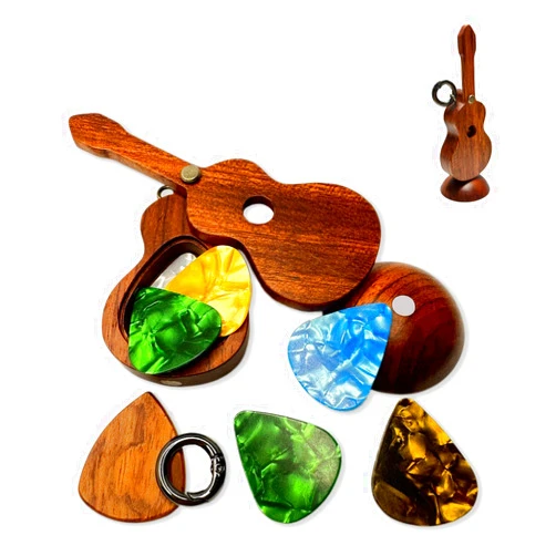 MYLYWOO Guitar Pick Holder with Guitar Picks Guitar Keychain Wooden Home Decor Statues car mirror decor hanging Guitar gifts Music gifts car gifts