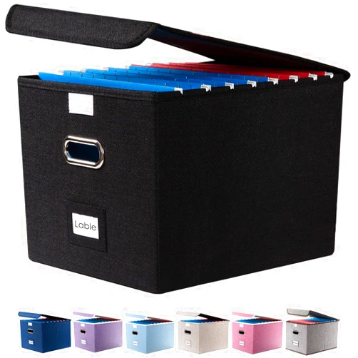 PRANDOM File Organizer Box - Set of 1 Collapsible Decorative Linen Filing Storage Hanging File Folders with Lids Office Cabinet Letter Size Black (15x12.2x10.75 inch)