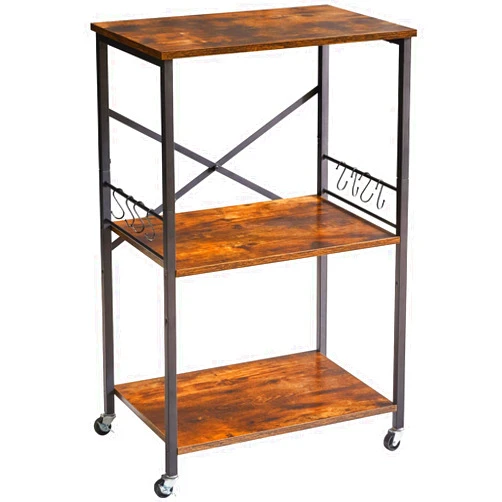 IBUYKE Kitchen Shelf Cart, 3-Tier Microwave Oven Stand, Baker’s Rack with Metal Frame and 8 Hooks, Industrial Printer Stand, Utility Standing Storage Shelf for Coffee Bar, Simple Assembly, TMJ023H