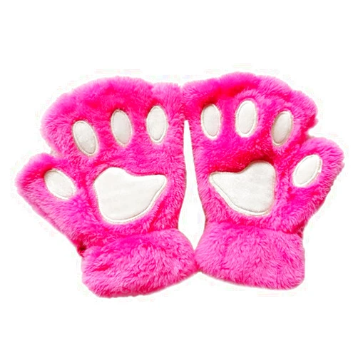 Junlinto Women Girls Lovely Cat Paw Claw Thick Half Fingerless Gloves Fluffy Plush Mitten-HOT Pink