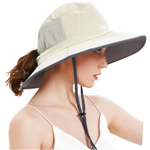 EINSKEY Women's Ponytail Sun Hat, Packable Wide Brim Large Head Bucket Hat for Fishing Hiking Gardening Safari Beach Pool