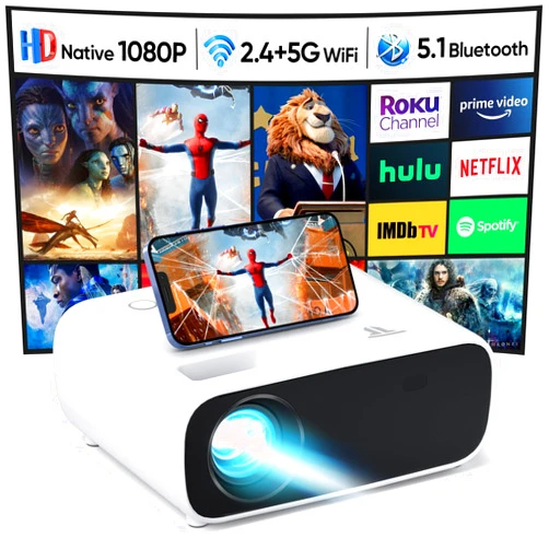 Wielio Projector with WiFi and Bluetooth, 18000 Lumen Native 1080P Projector,Portable Outdoor Projector, Movie Mini Projector Compatible with iOS/Android/Laptop/HDMI/PC/ TV Stick/USB