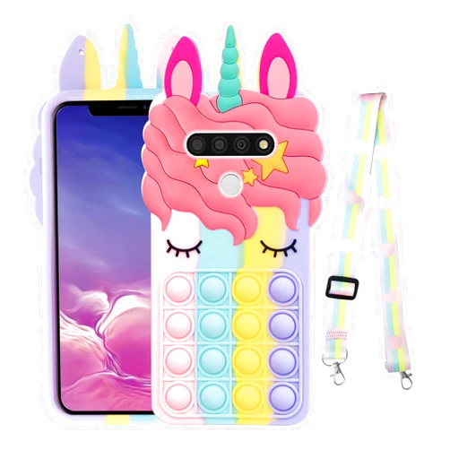 nancheng Phone Case LG Stylo 6 with Strap, Toys Stress Relief Push Pop Bubble 3D Cartoon Funny Kawaii Silicone Case for Cute Girls Protective Cover for LG K71 - Rainbow