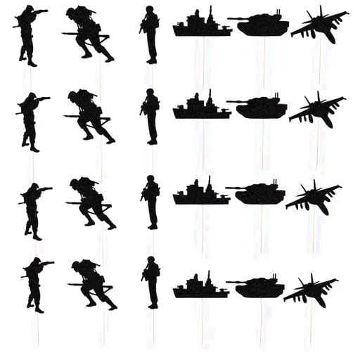 Bekaterea 24 Pieces Military Cupcake Toppers, Military Themed Cake Toppers, Happy Birthday Cake Toppers, Veterans Day Cake Toppers, Boys Men's Birthday Party Cake Toppers (Black)