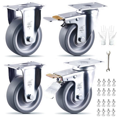 VM VIMA 4 Inch Castets Set of 4 Heavy Duty Caster Wheels with Brake 2200Lbs Swivel Rigid TPR Rubber Wheel Silent Castor Locking Industrial Plate Casters Wheels for Cart Furniture Workbench, 2 Fixed & 2 Brake