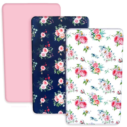 AMROSE 3 Pack Soft Floral Mini Crib Sheets, Microfiber Pack N Play Sheets Set for Baby Girls, Silk Touch Gentle, Fitted for Playard Portable Crib Mattress, Floral Theme