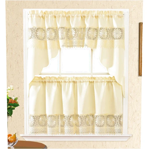 GOHD GOLDEN OCEAN HOME DECOR GOHD Daisy Dream. Kitchen Cafe Curtain Set for Small Windows. Satin Fabric with Matching Color Daisy Embroidery and Lace. (Beige, Swag and 24 inches Tiers Set)