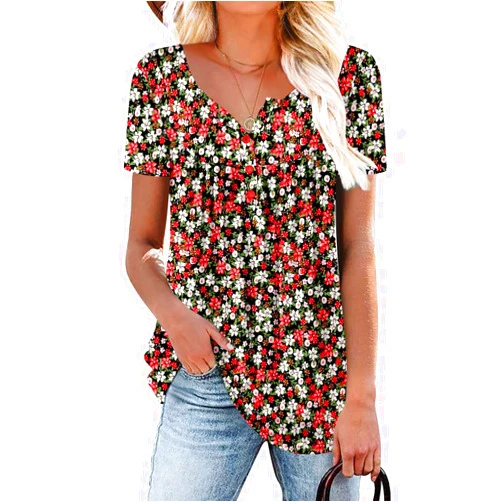 ROSELINLIN Women's Short Sleeve Shirts Floral Summer Tops Loose Fit for Leggings