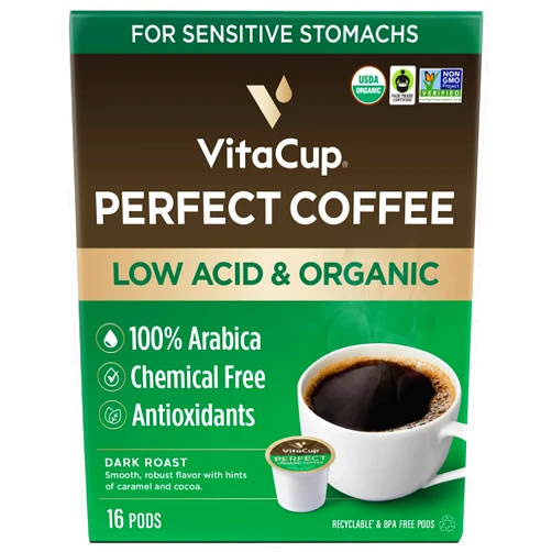 VitaCup Perfect Low Acid Coffee Pods, USDA Organic & Fair Trade, Mycotoxin Free, Dark Roast Guatemala Single Origin, Clean & Pure Recyclable Single Serve Pod compatible w/Keurig K-Cup Brewers,16 CT