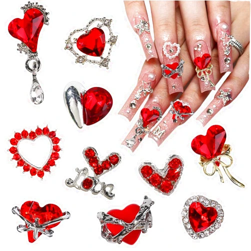BMKKOT 20Pcs Red Heart Nail Charms Valentine's Day Nail Art Charms for Nails 3D Alloy Heart Nail Rhinestones Love Crystals Design Nail Gems Jewels Glitter Valentines Nail Supplies for Women Nail Decoration