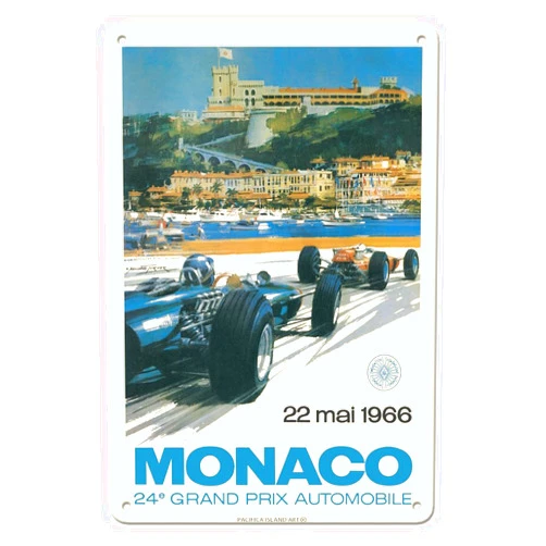 Pacifica Island Art 24th Monaco Car Racing Grand Prix - Circuit de Monaco Monte Carlo - Vintage Car Racing Poster by Michael Turner c.1966-8 x 12 inch Vintage Metal Tin Sign