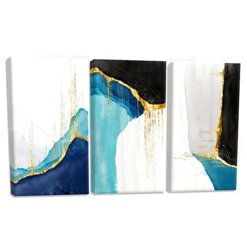 MYnaicee Abstract Canvas Wall Art for Bedroom Modern Phnom Mountain Peak Black Gray Blue Ocean Beach Print Pictures Artworks Living Room Bathroom 3 Pieces Framed Ready to Hang, 12inX16inX3